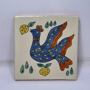 Hand Painted Ceramic Bird and Lemon Decorative Folk Art Tile Terracotta 4x4